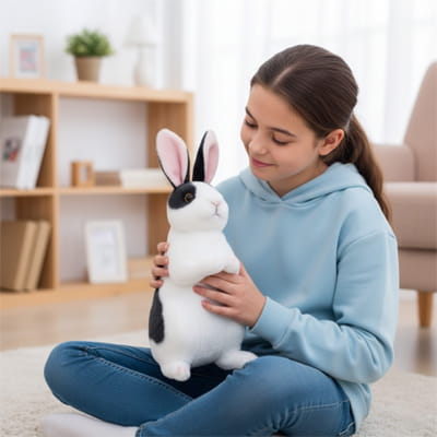lapin en peluche realiste blanc noir